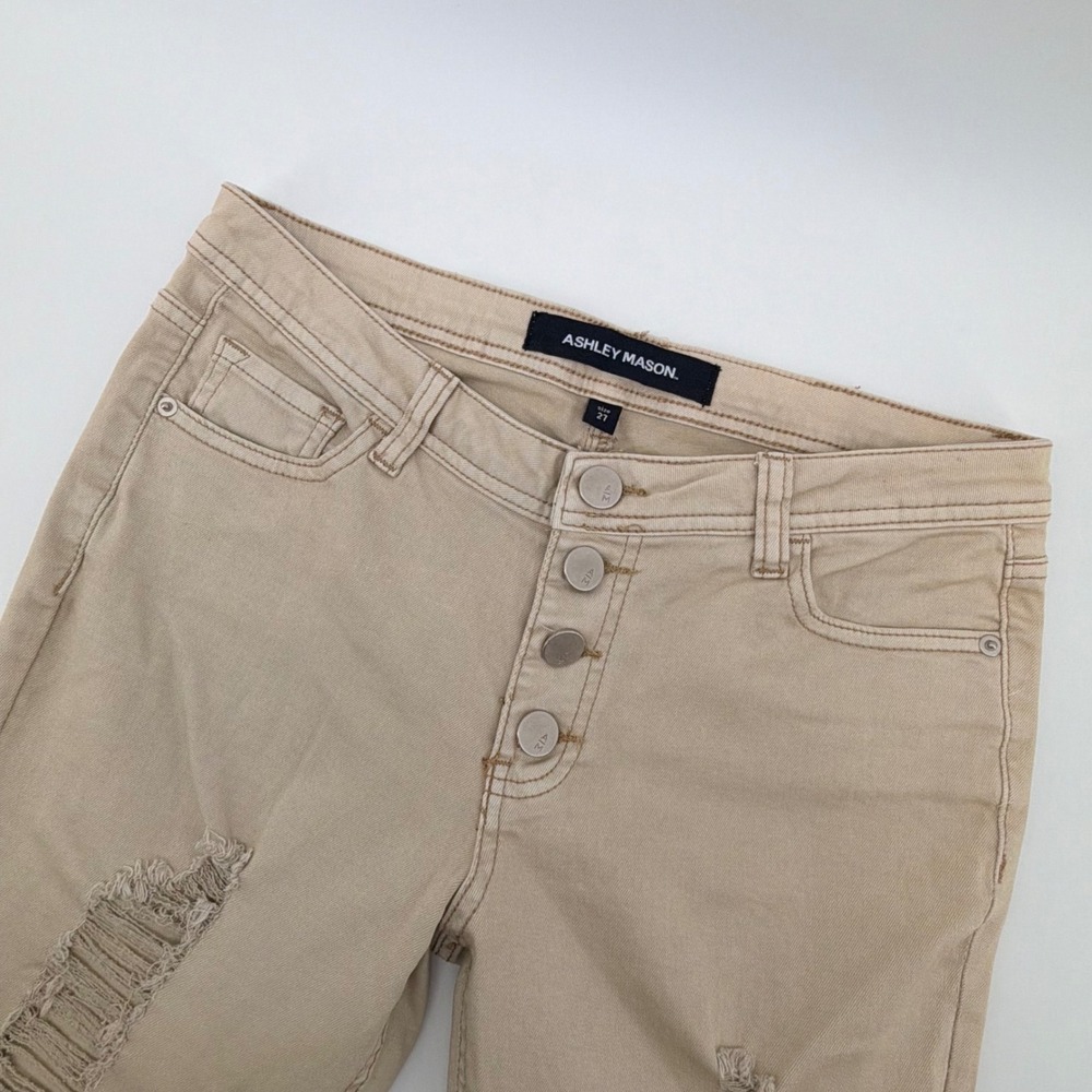 Ashley Mason Skinny Jeans Womens 27 Tan‎ Distressed Button Fly Raw Hem Pants